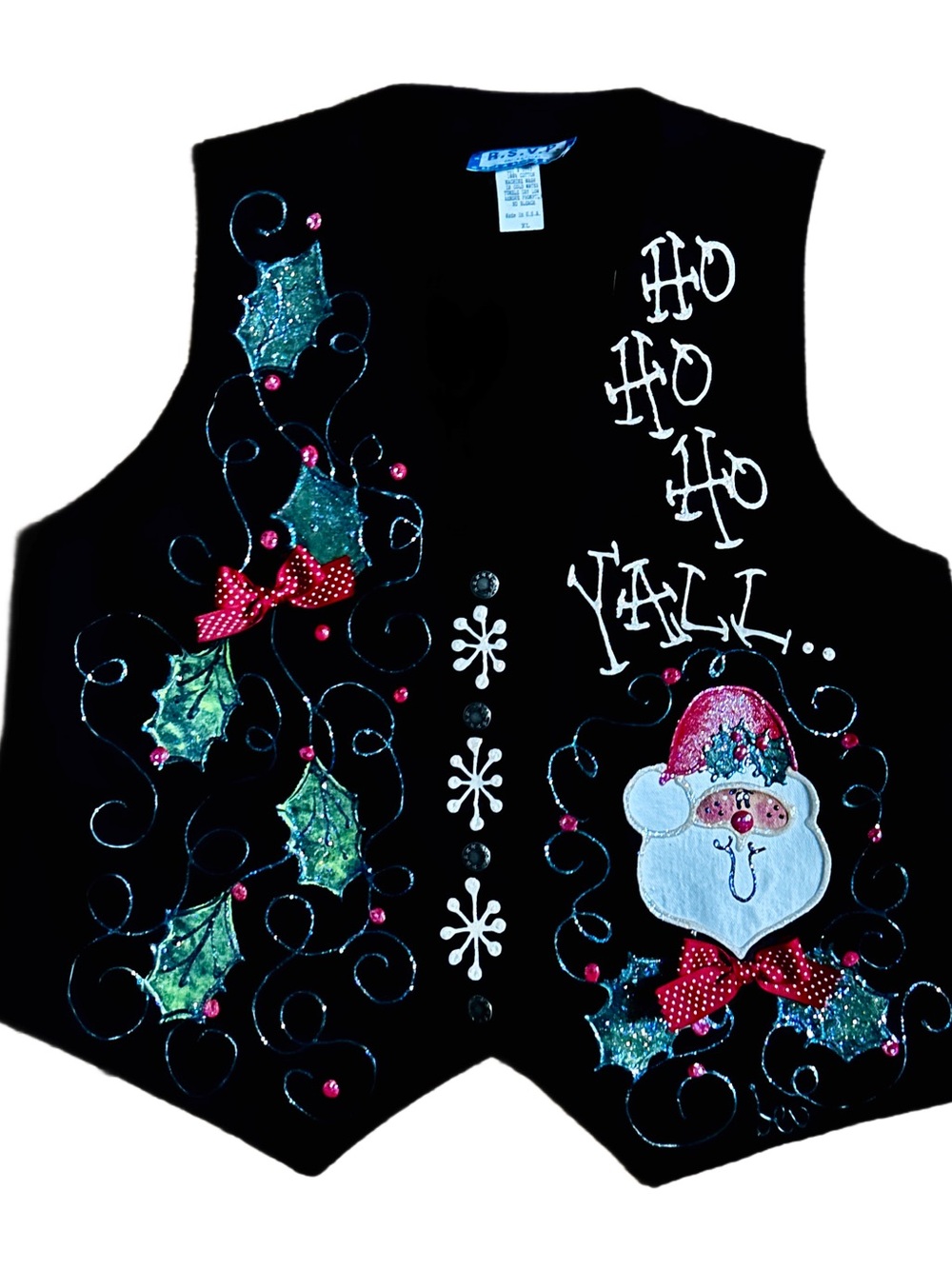 R.S.V.P. ~ USA- Black W/Multi-Colors Glitter Hand-Painted Santa Claus Denim Vest